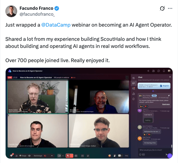Facundo Franco's post on X about his DataCamp webinar on becoming an AI Agent Operator, with a screenshot of the live session.