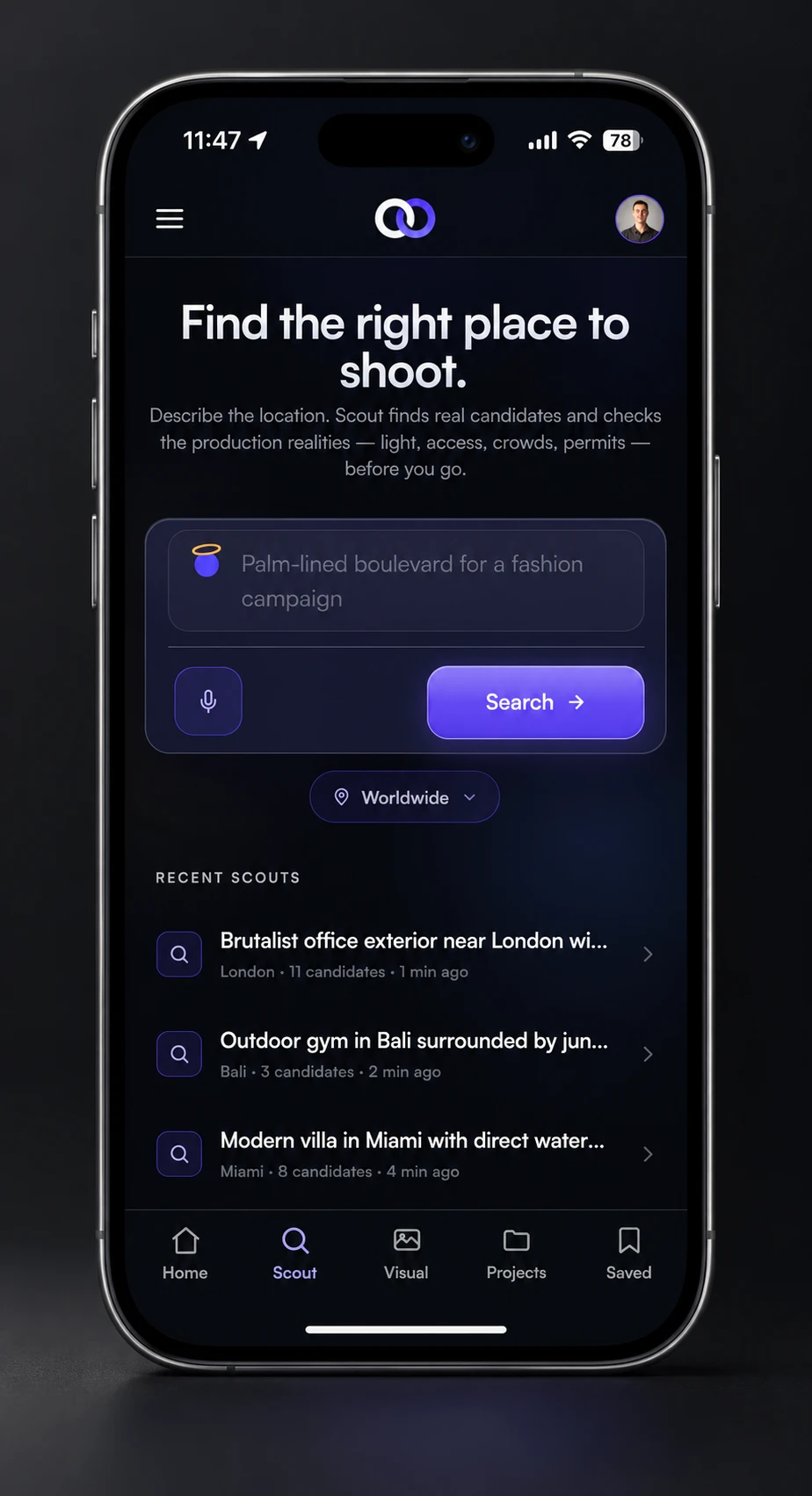 ScoutHalo on iPhone: the Scout search screen with recent location scouts.
