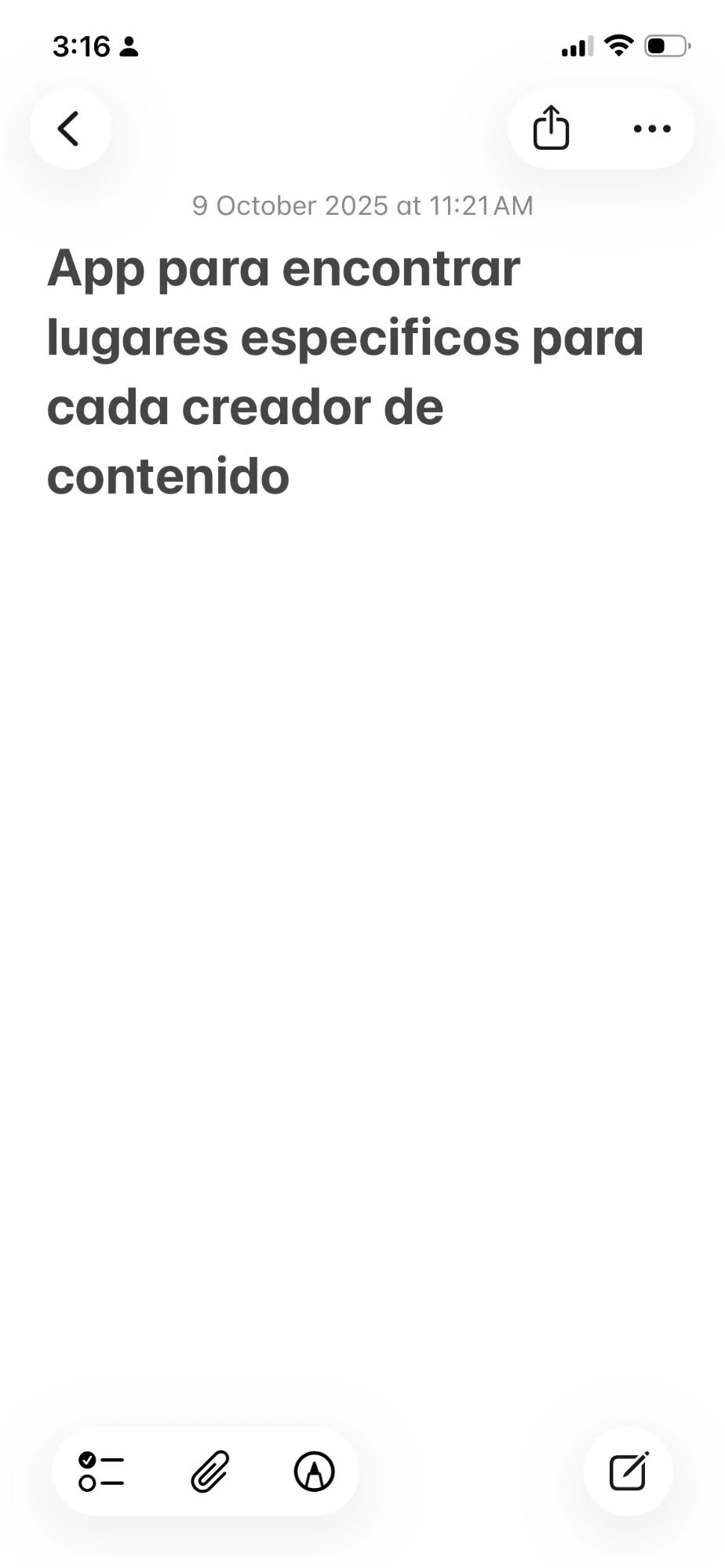 Screenshot of the original iPhone note, dated 9 October 2025, reading: “App para encontrar lugares especificos para cada creador de contenido.”
