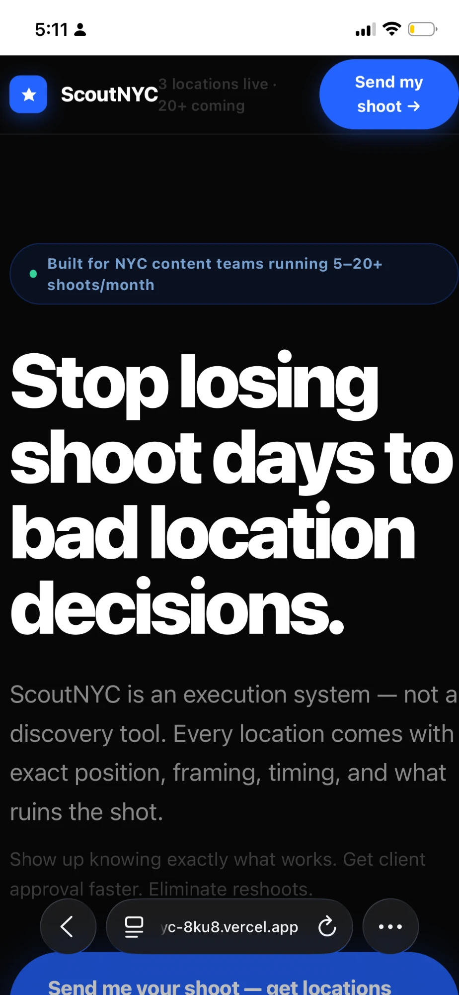 ScoutNYC landing page on iPhone: “Stop losing shoot days to bad location decisions.”
