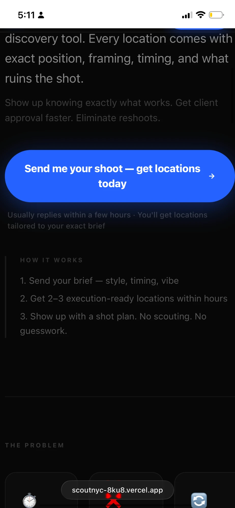 ScoutNYC landing page on iPhone: the “Send me your shoot — get locations today” button and the How it works steps.
