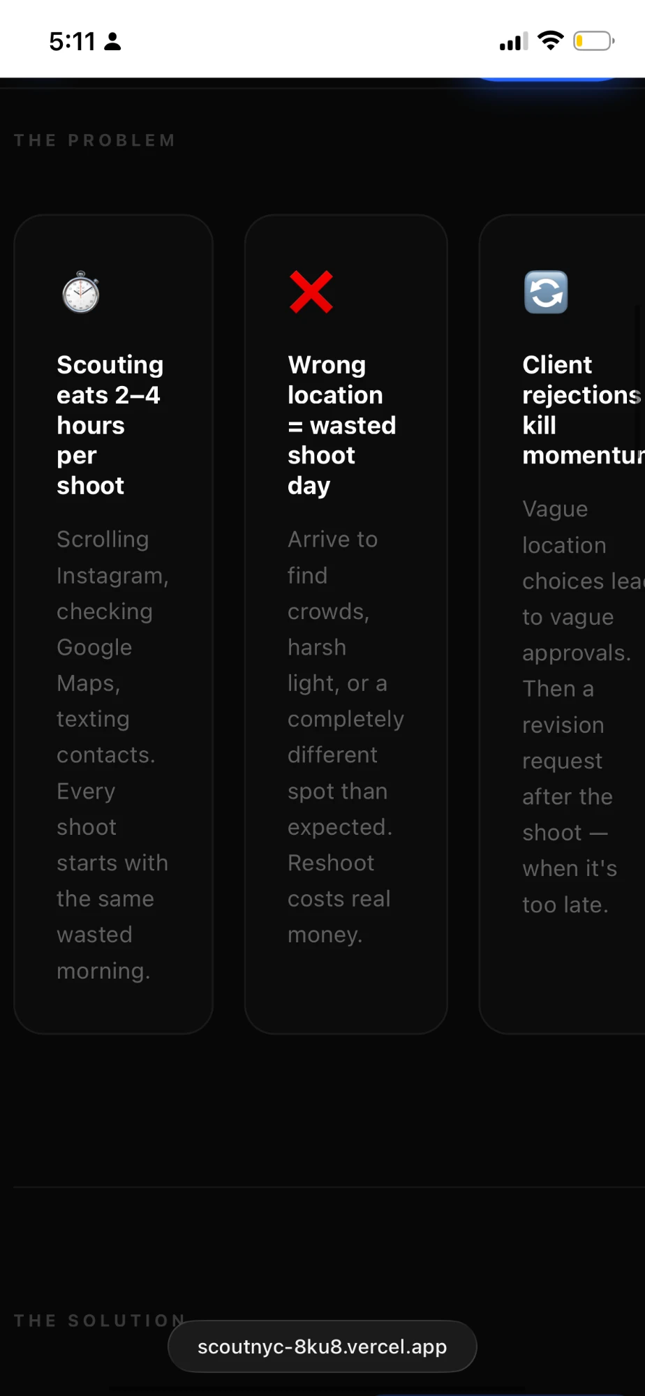 ScoutNYC landing page on iPhone: The Problem section with three cards.