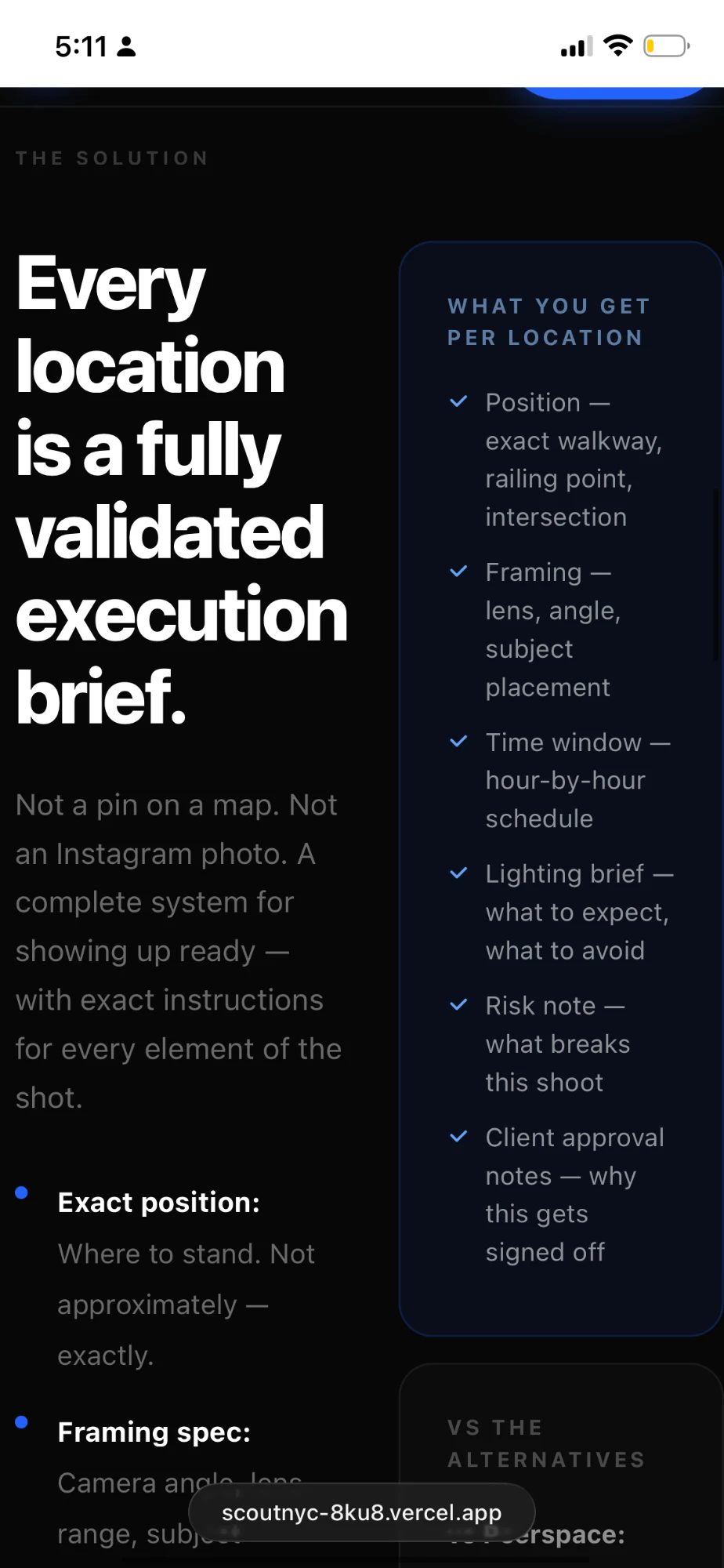 ScoutNYC landing page on iPhone: “Every location is a fully validated execution brief.” with the What you get per location list.