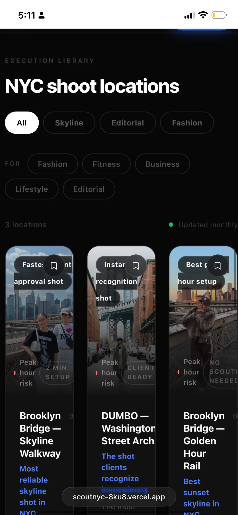 ScoutNYC execution library on iPhone: NYC shoot locations, with cards for Brooklyn Bridge and DUMBO locations.